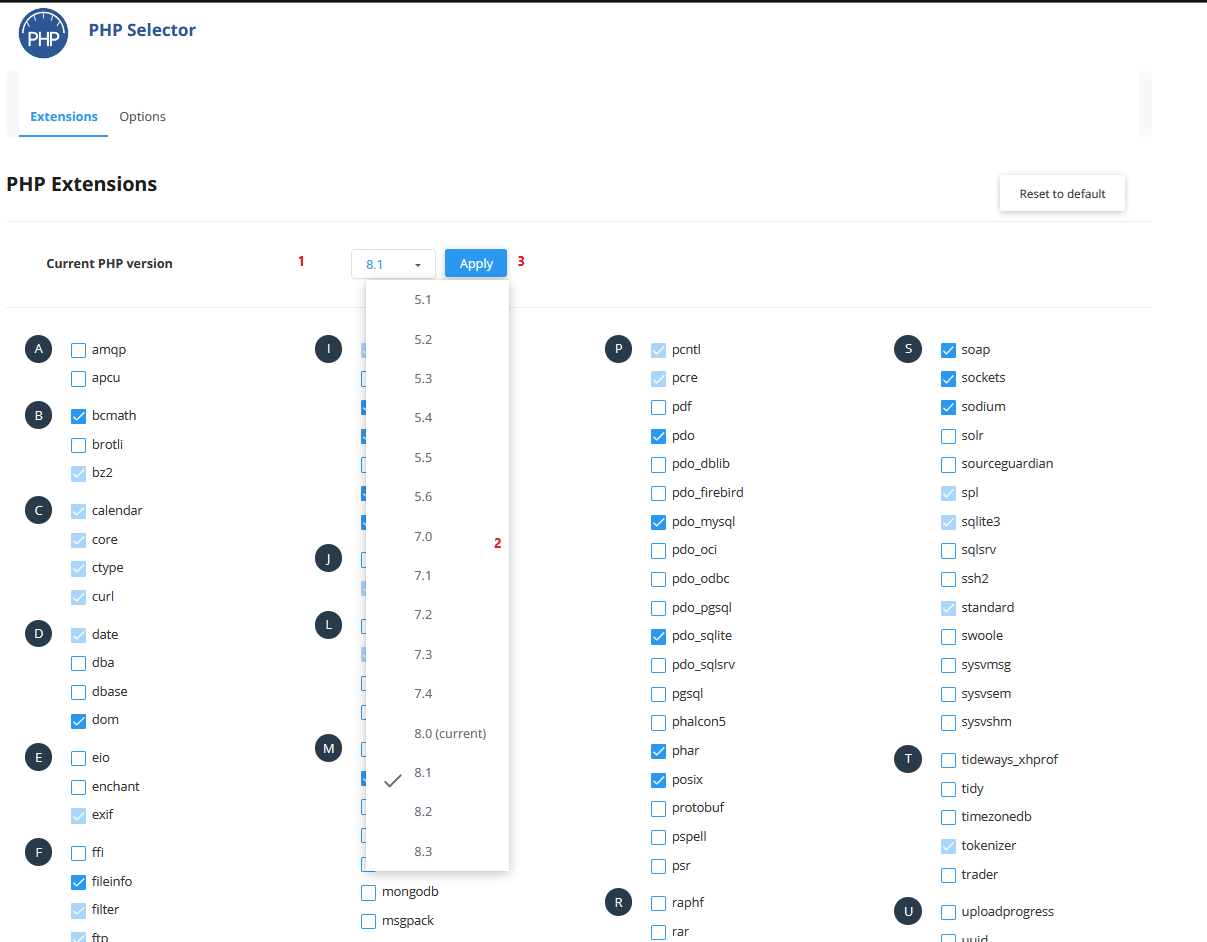 DirectAdmin Select PHP Options